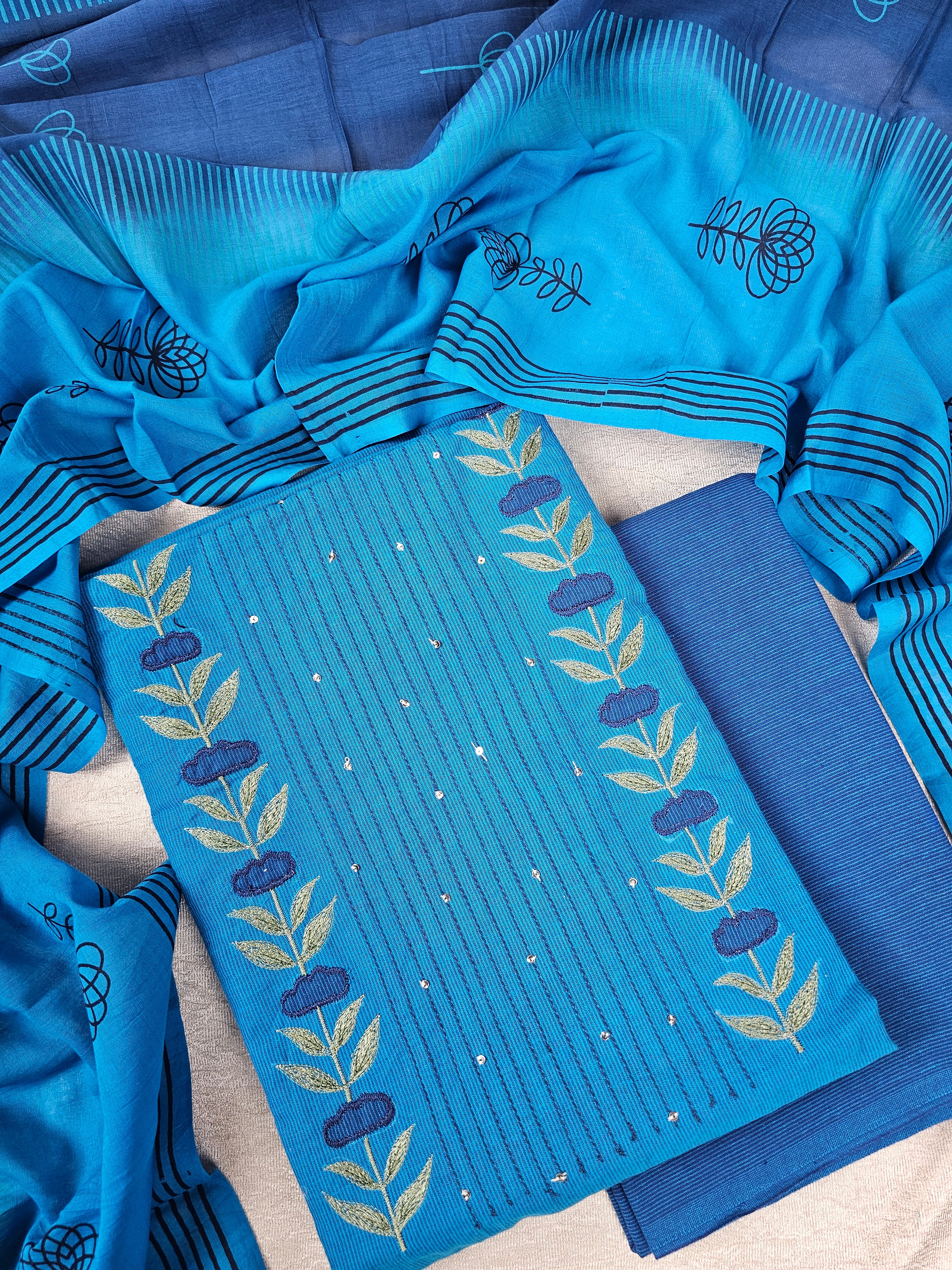 Handloom Pure Cotton Unstitched Salwar - Blue with Dark Blue – Looms Legacy