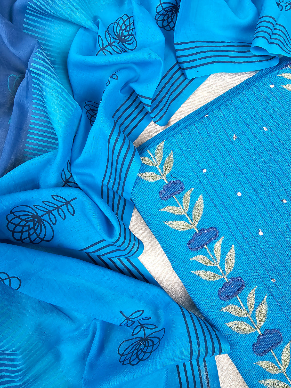 Handloom Pure Cotton Unstitched Salwar - Blue with Dark Blue