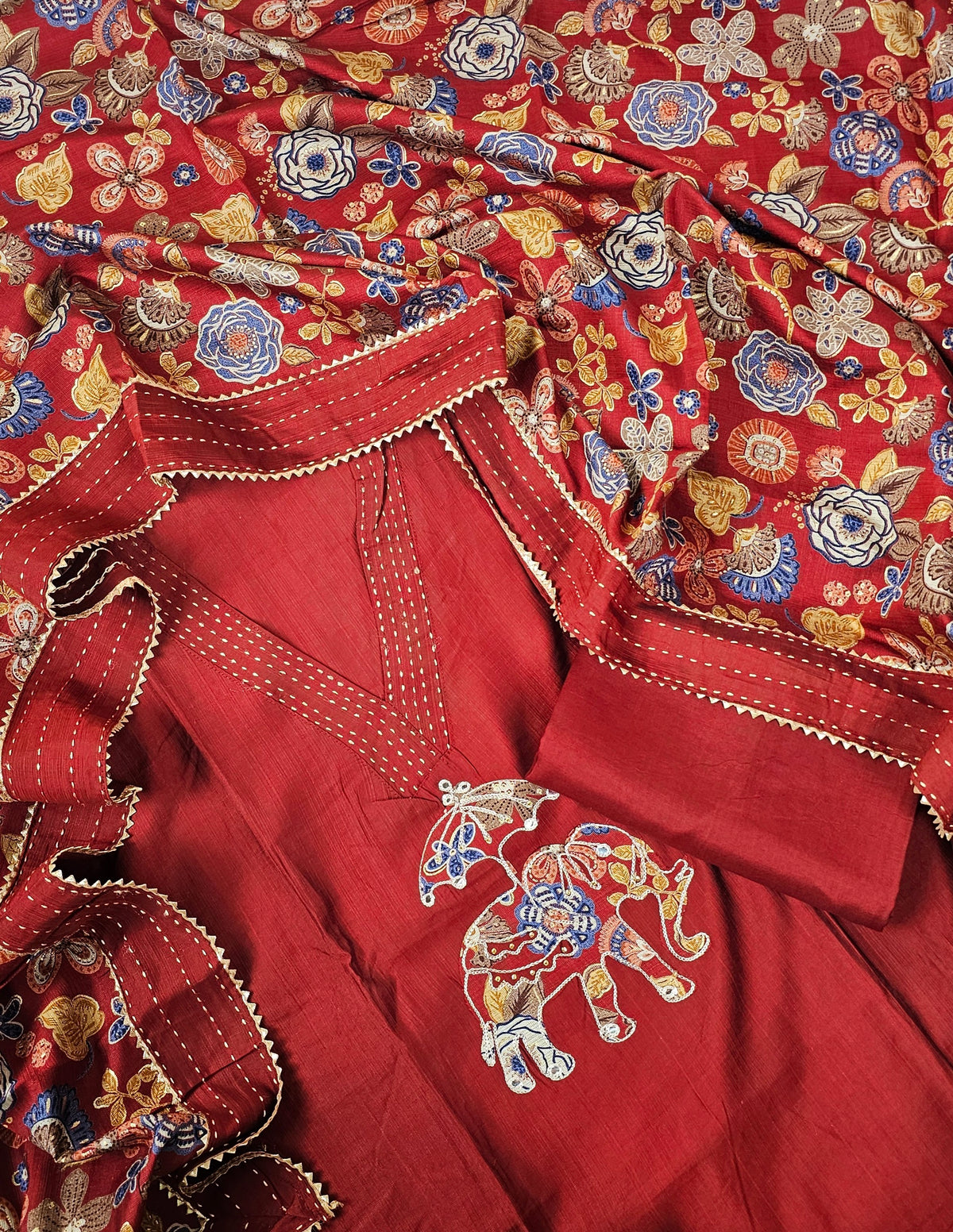 Soft Silk Unstitched Salwar - Dark Maroon