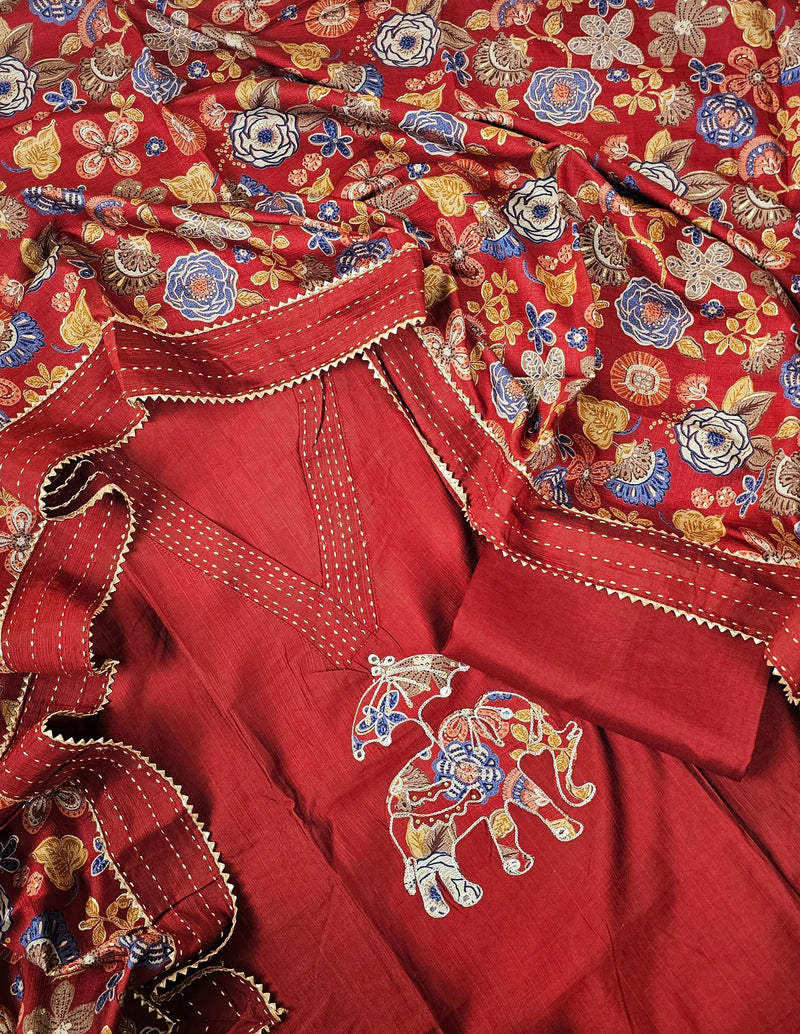 Soft Silk Unstitched Salwar - Dark Maroon