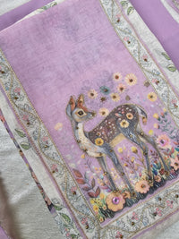 Linen Unstitched Salwar Suit  - Cream with Lavender