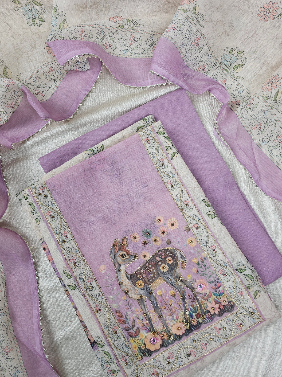 Linen Unstitched Salwar Suit  - Cream with Lavender