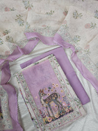 Linen Unstitched Salwar Suit  - Cream with Lavender