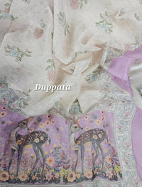 Linen Unstitched Salwar Suit  - Cream with Lavender