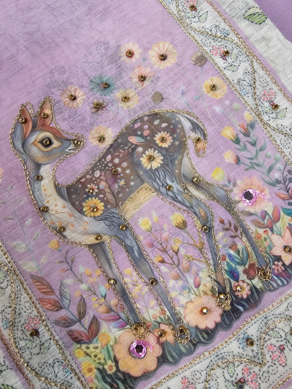 Linen Unstitched Salwar Suit  - Cream with Lavender