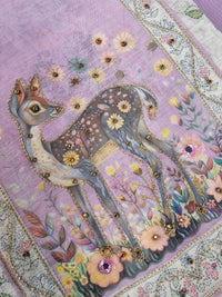 Linen Unstitched Salwar Suit  - Cream with Lavender