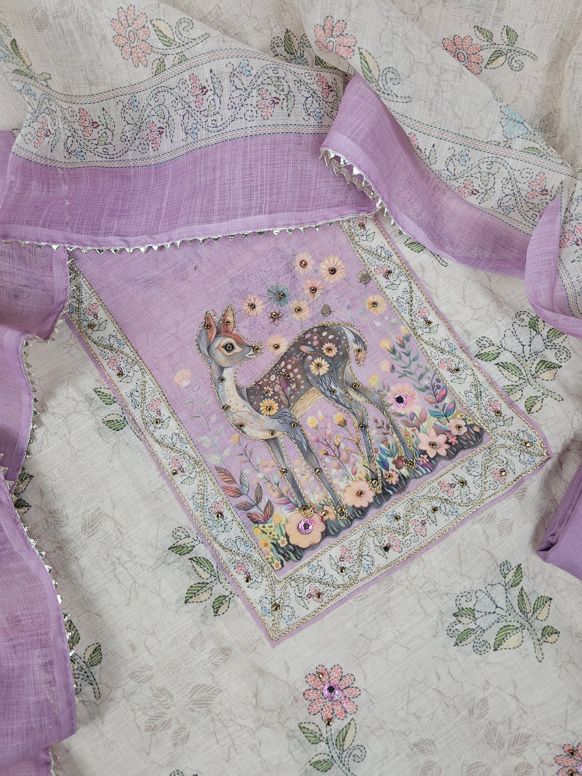 Linen Unstitched Salwar Suit  - Cream with Lavender