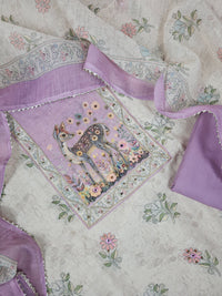 Linen Unstitched Salwar Suit  - Cream with Lavender