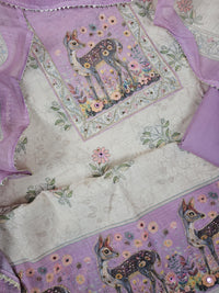 Linen Unstitched Salwar Suit  - Cream with Lavender