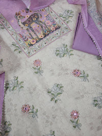 Linen Unstitched Salwar Suit  - Cream with Lavender