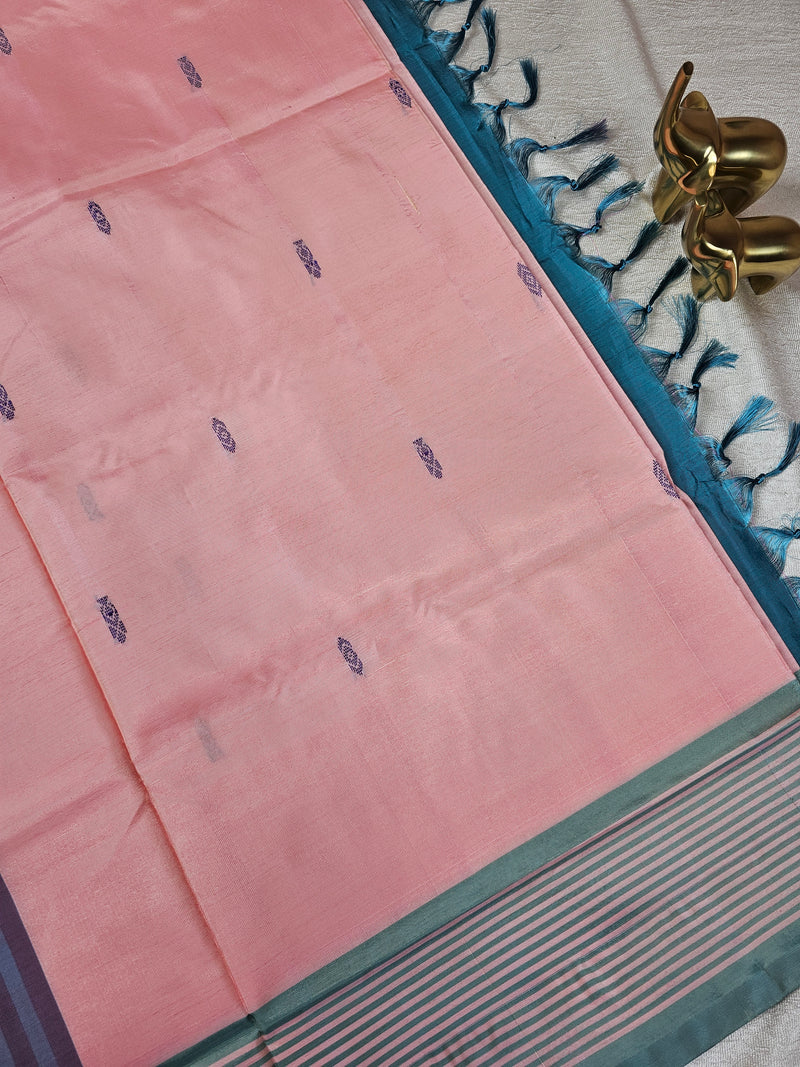 Chinnalampattu Saree - Pastel Peach with Peacock Blue