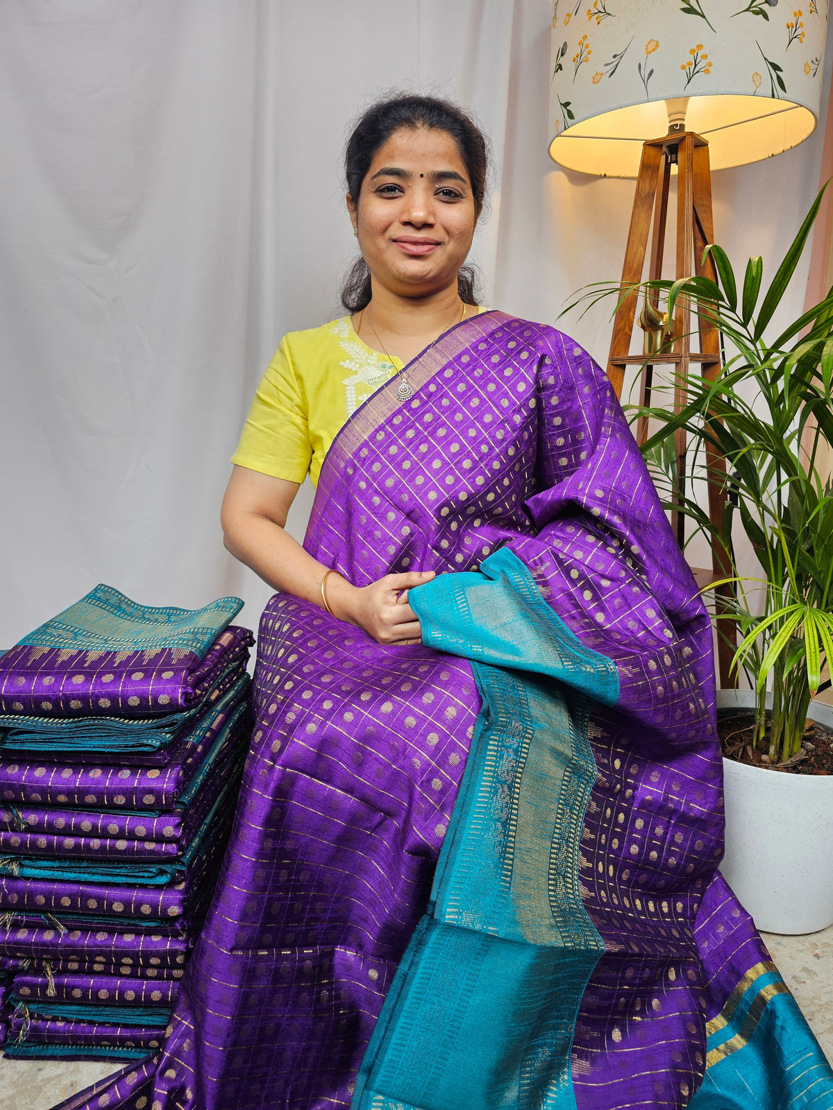 Semi Raw Silk Saree - Purple with Blue