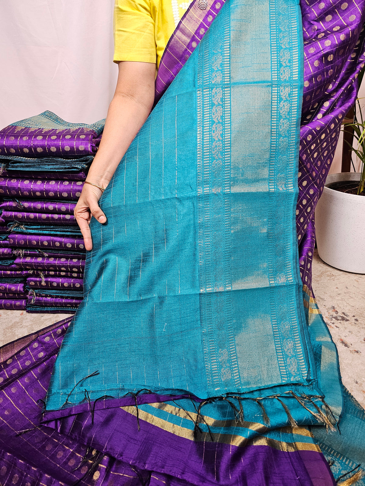 Semi Raw Silk Saree - Purple with Blue