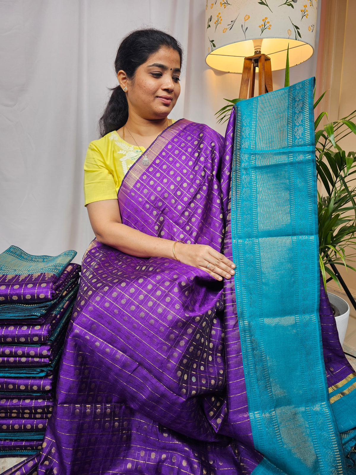 Semi Raw Silk Saree - Purple with Blue