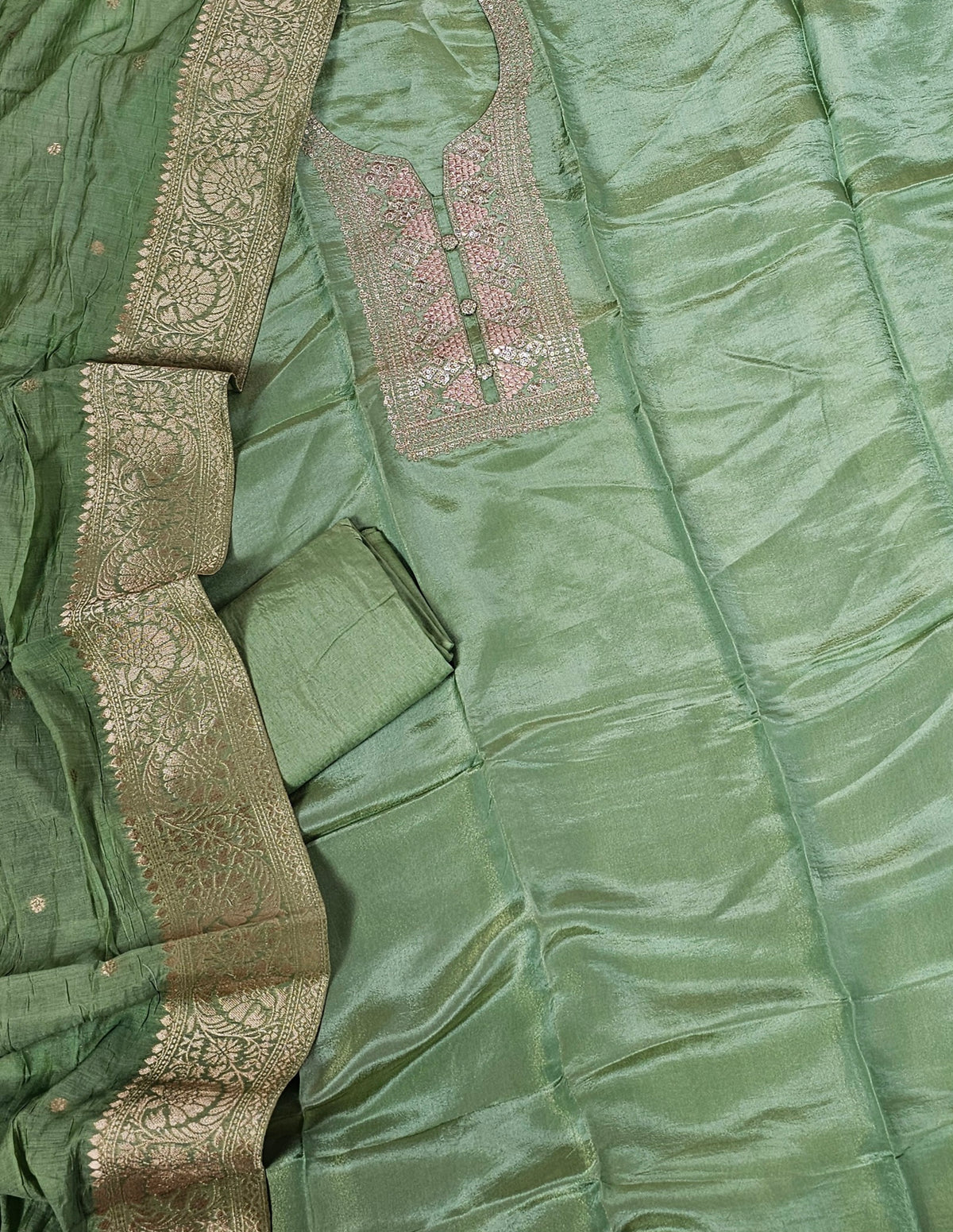 Tissue Silk Unstitched Salwar - Green