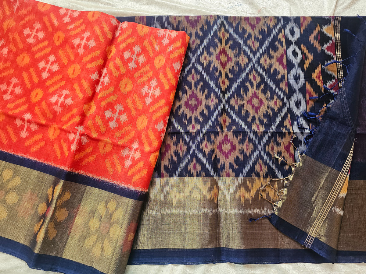 Orange with Dark Blue Pochampally Ikkat Silk Cotton (SICO Pattu)