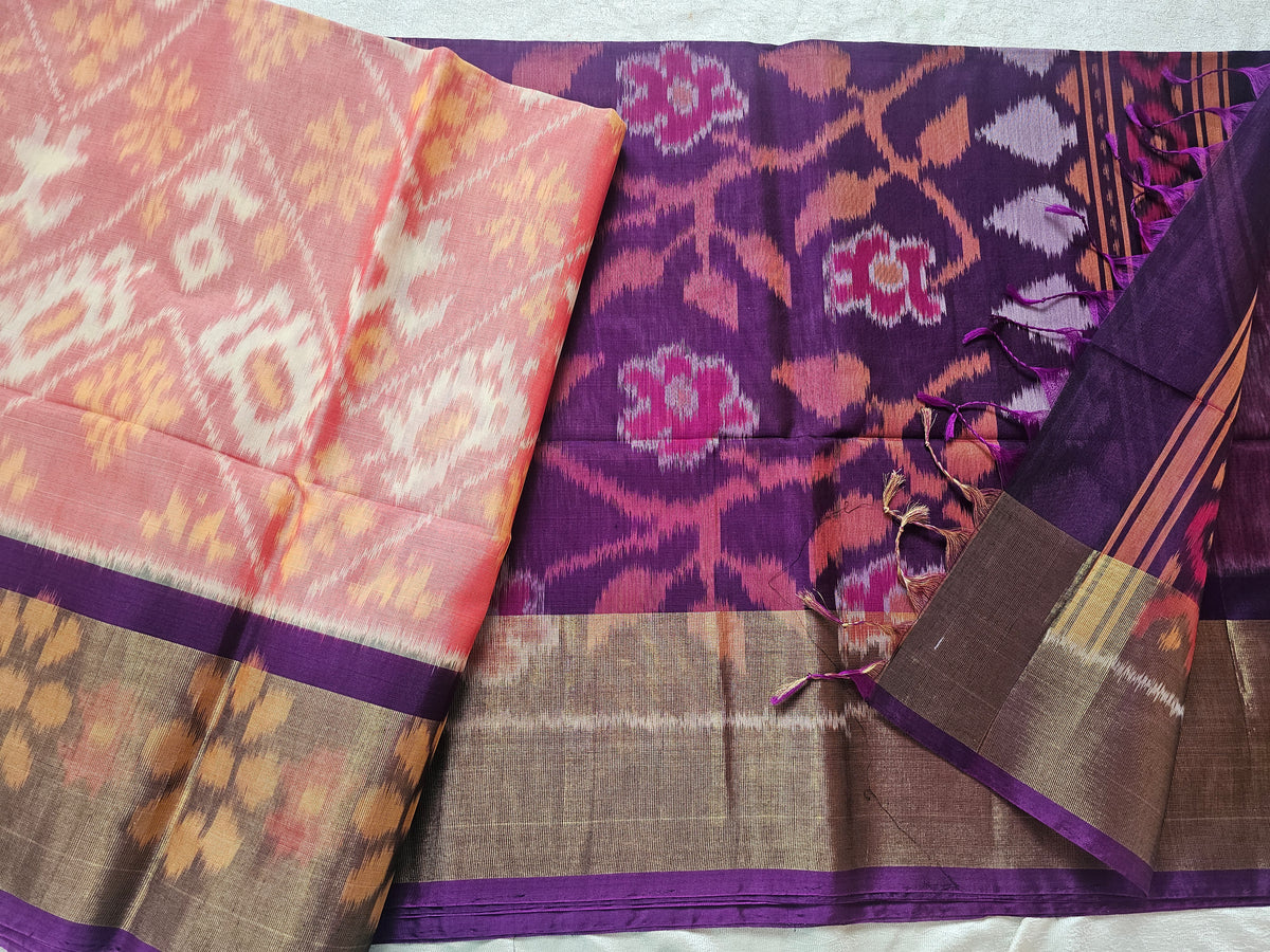 Onion Pink with Purple Pochampally Ikkat Silk Cotton (SICO Pattu)