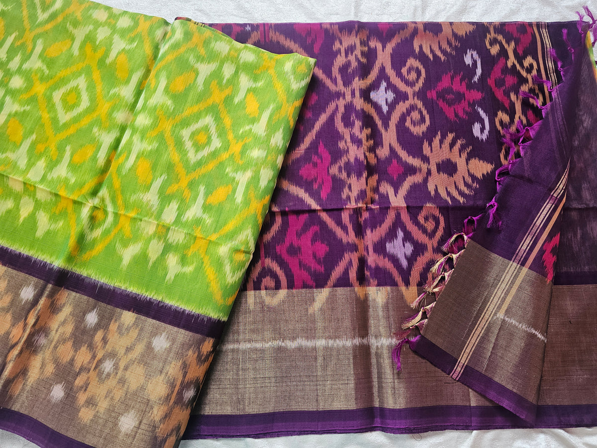 Green with Purple Pochampally Ikkat Silk Cotton (SICO Pattu)