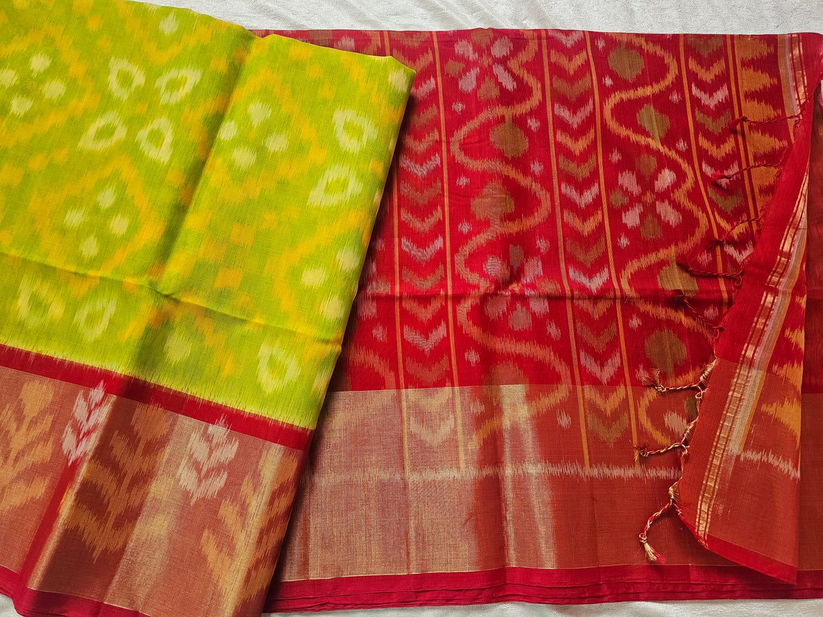 Green with Red Pochampally Ikkat Silk Cotton (SICO Pattu)