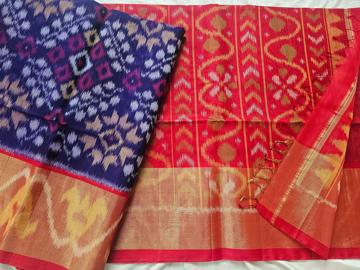 Dark Blue with Red Pochampally Ikkat Silk Cotton (SICO Pattu)