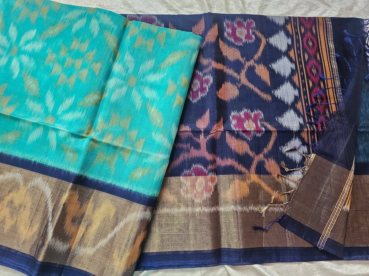 Dual Shade of Green and Blue with Dark Purple Pochampally Ikkat Silk Cotton (SICO Pattu)