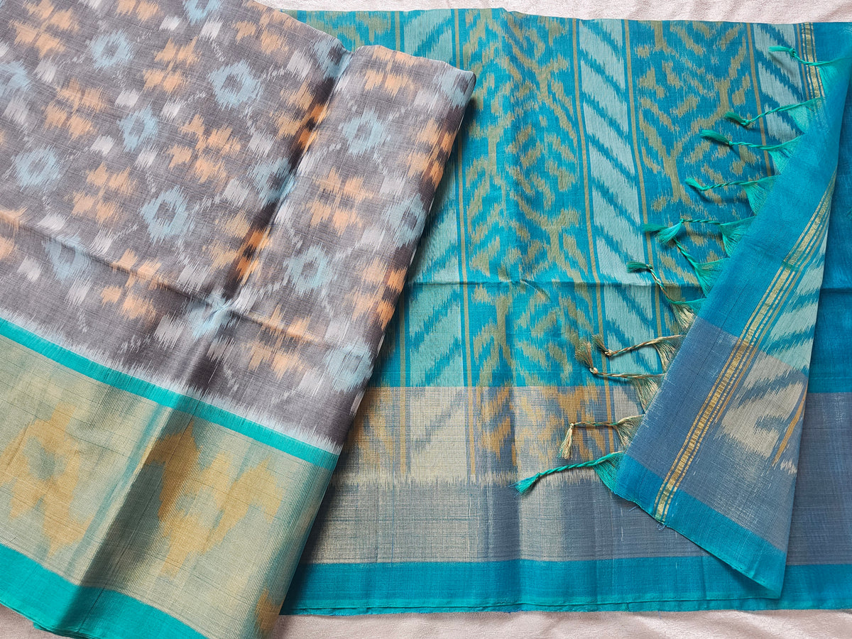 Grey with Blue Pochampally Ikkat Silk Cotton (SICO Pattu)