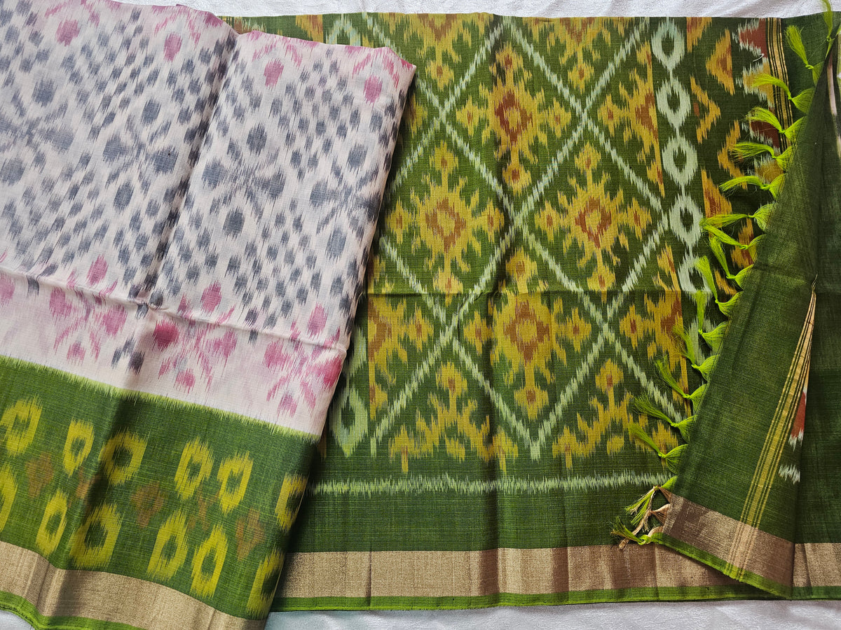 Cream with GreenPochampally Ikkat Silk Cotton (SICO Pattu)