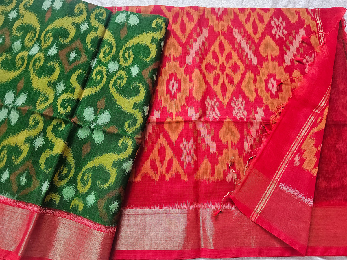 Green with Red Pochampally Ikkat Silk Cotton (SICO Pattu)