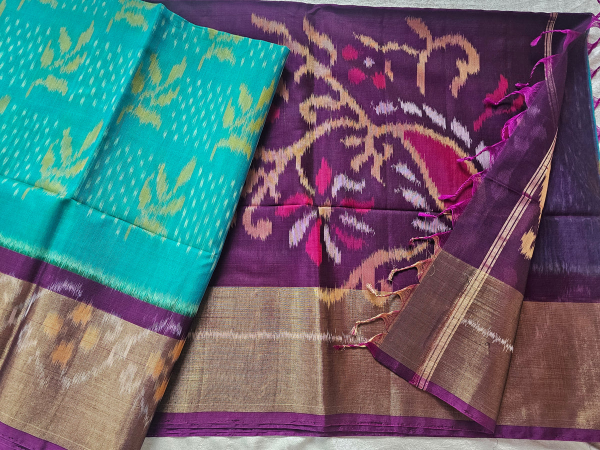 Dark Sky Blue with Purple Pochampally Ikkat Silk Cotton (SICO Pattu)
