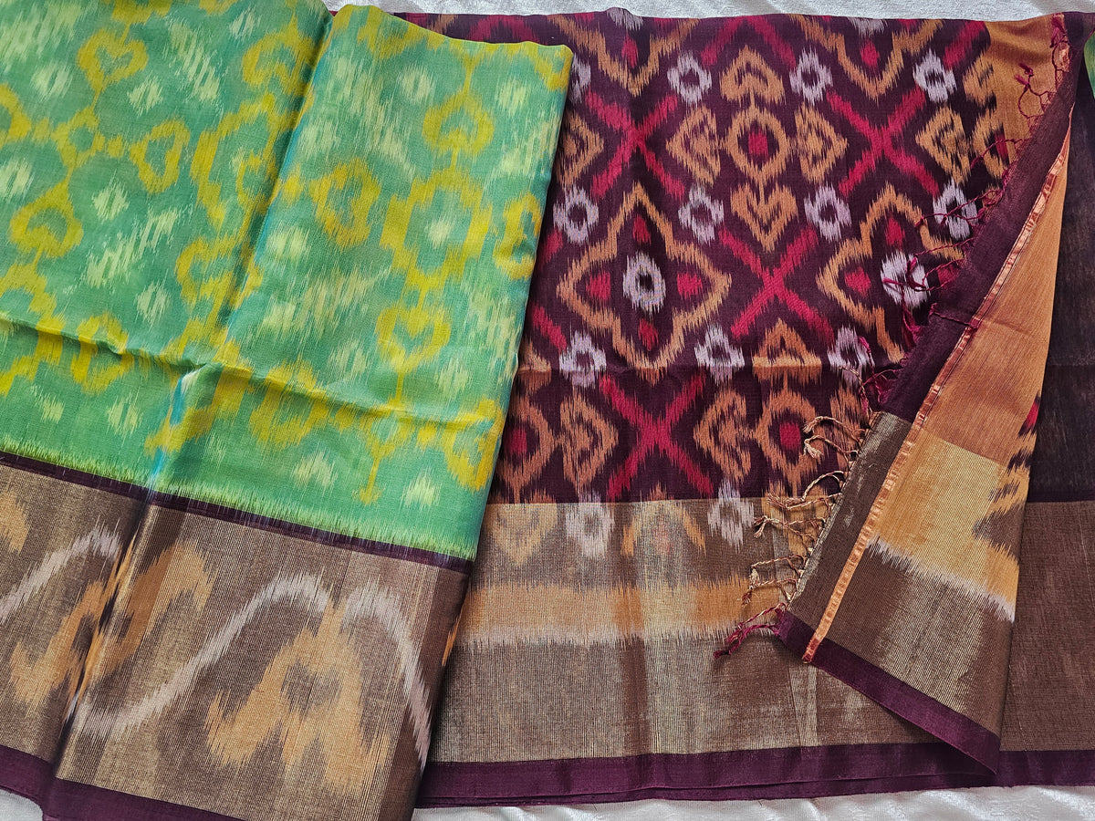 Sea Green with Maroon Pochampally Ikkat Silk Cotton (SICO Pattu)