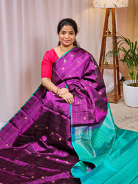Classical Kanjivaram Pattern Pure Handloom Soft Silk Saree - Purple with Sea Blue