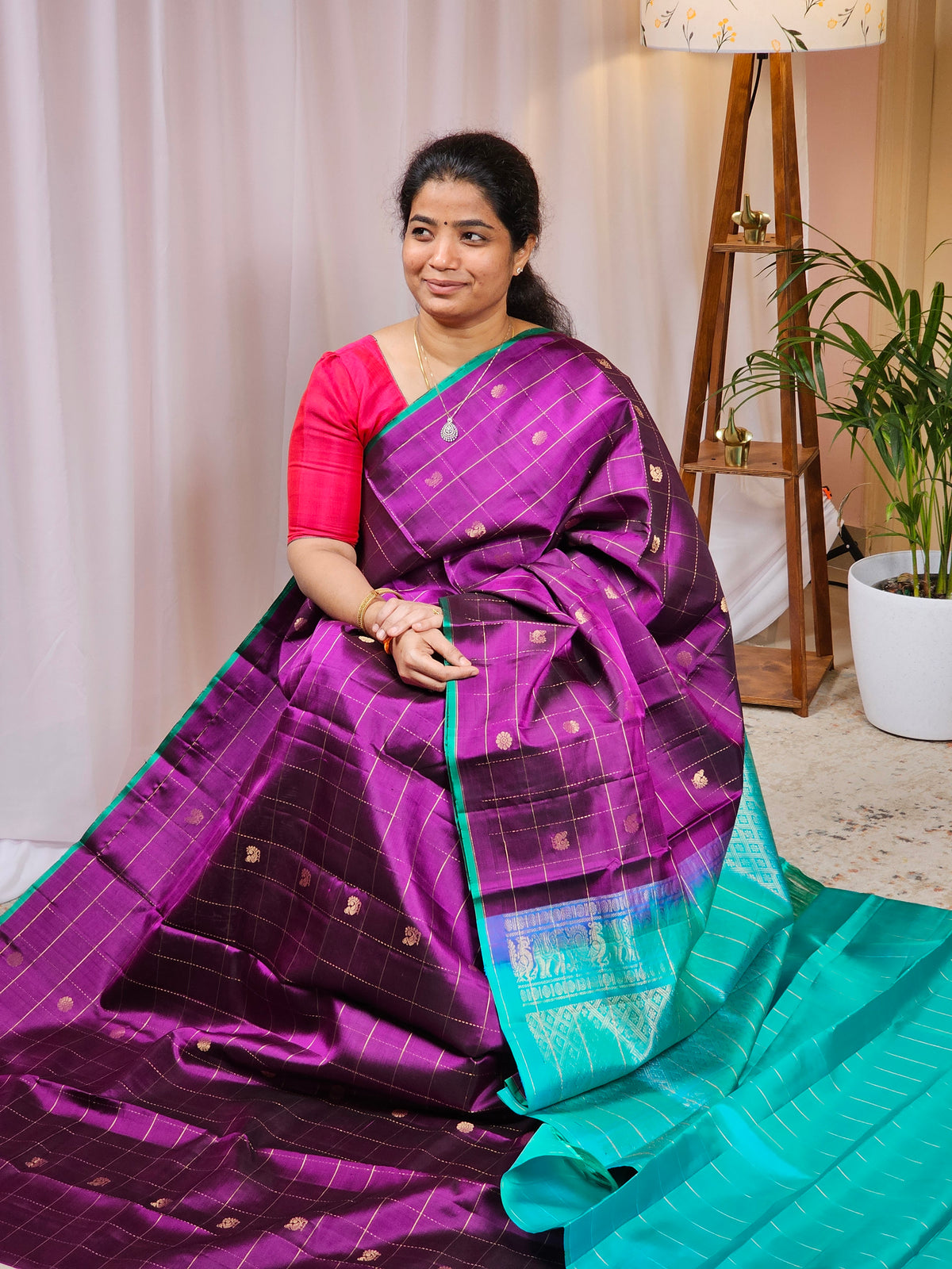 Classical Kanjivaram Pattern Pure Handloom Soft Silk Saree - Purple with Sea Blue