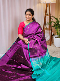 Classical Kanjivaram Pattern Pure Handloom Soft Silk Saree - Purple with Sea Blue