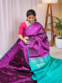 Classical Kanjivaram Pattern Pure Handloom Soft Silk Saree - Purple with Sea Blue