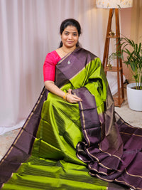 Classical Kanjivaram Pattern Pure Handloom Soft Silk Saree - Green with Brown