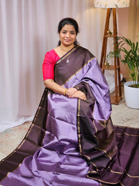 Classical Kanjivaram Pattern Pure Handloom Soft Silk Saree - Lavender with Brown
