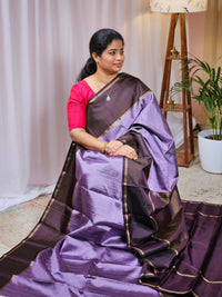 Classical Kanjivaram Pattern Pure Handloom Soft Silk Saree - Lavender with Brown