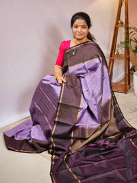 Classical Kanjivaram Pattern Pure Handloom Soft Silk Saree - Lavender with Brown