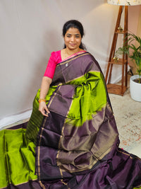 Classical Kanjivaram Pattern Pure Handloom Soft Silk Saree - Green with Brown