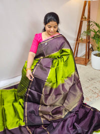 Classical Kanjivaram Pattern Pure Handloom Soft Silk Saree - Green with Brown
