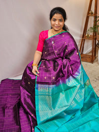 Classical Kanjivaram Pattern Pure Handloom Soft Silk Saree - Purple with Sea Blue