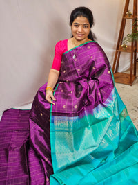 Classical Kanjivaram Pattern Pure Handloom Soft Silk Saree - Purple with Sea Blue