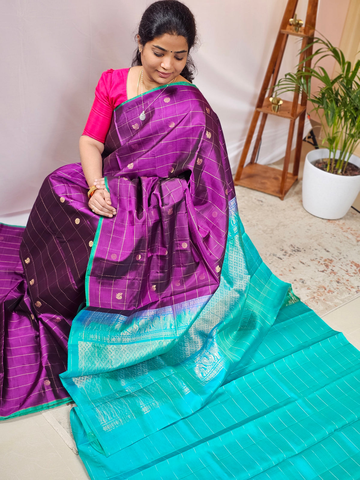Classical Kanjivaram Pattern Pure Handloom Soft Silk Saree - Purple with Sea Blue