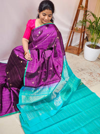 Classical Kanjivaram Pattern Pure Handloom Soft Silk Saree - Purple with Sea Blue