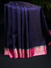 Semi Katna Silk Saree - Dark Blue with Pink