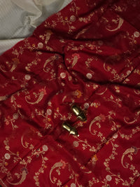 Semi Katna Silk Saree - Off-white with Red