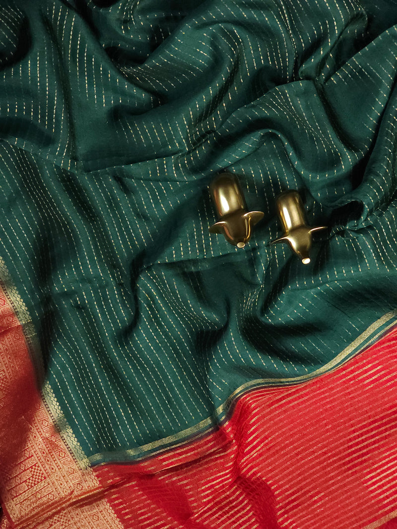 Semi Katna Silk Saree - Green with Dark Red