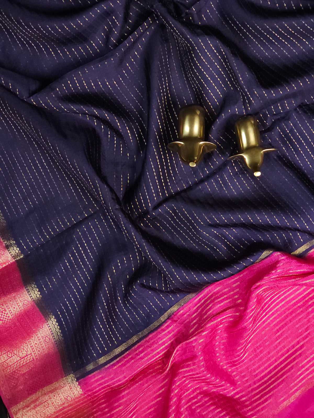 Semi Katna Silk Saree - Dark Blue with Pink