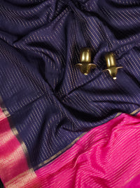 Semi Katna Silk Saree - Dark Blue with Pink