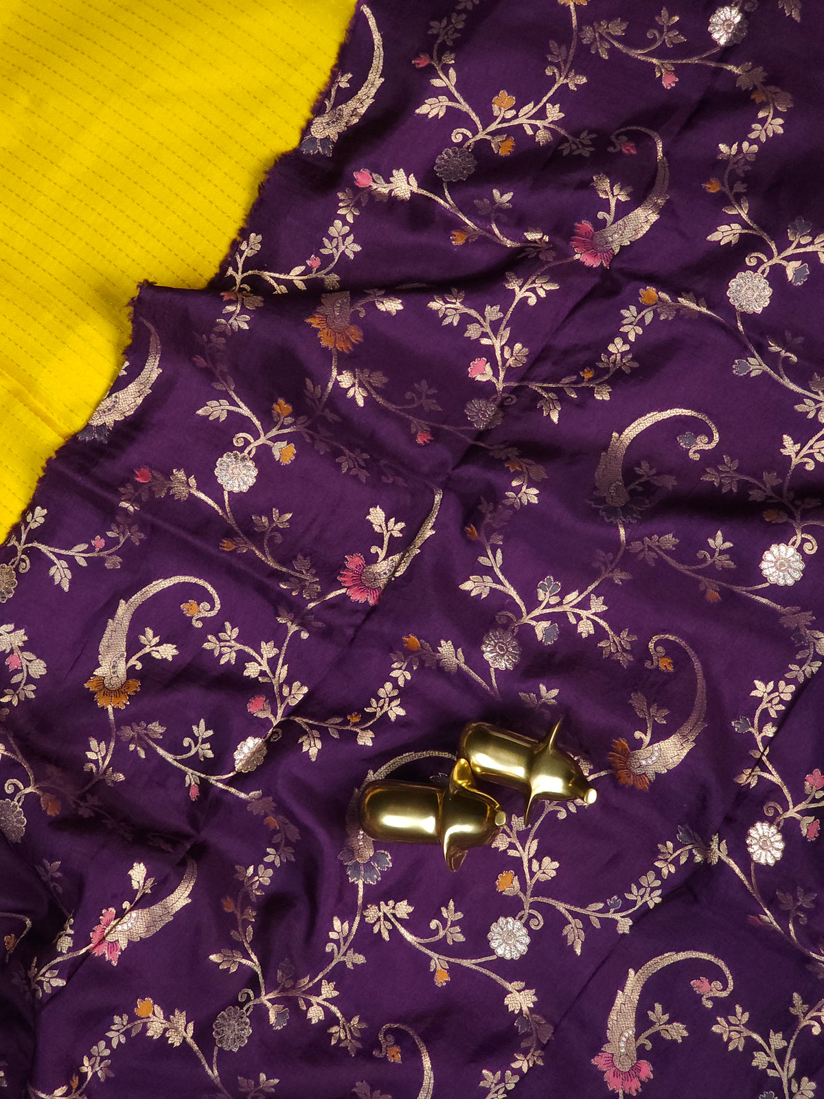 Semi Katna Silk Saree - Yellow with Purple